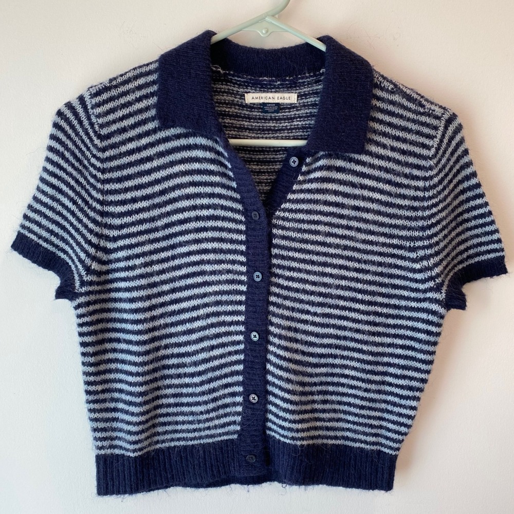 American Eagle Cardigan Women S Navy Blue Striped Short Sleeve Polo Knit Cropped